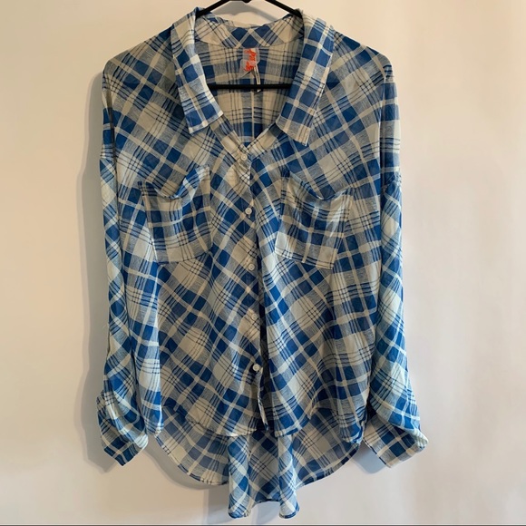 Free People Tops - Free People Button Down Blouse Blue Plaid High-Low
